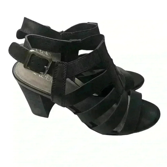Reba Effie Womens 7.5M Black Leather Strappy Sandals buckle sides 4” heel - Picture 1 of 7